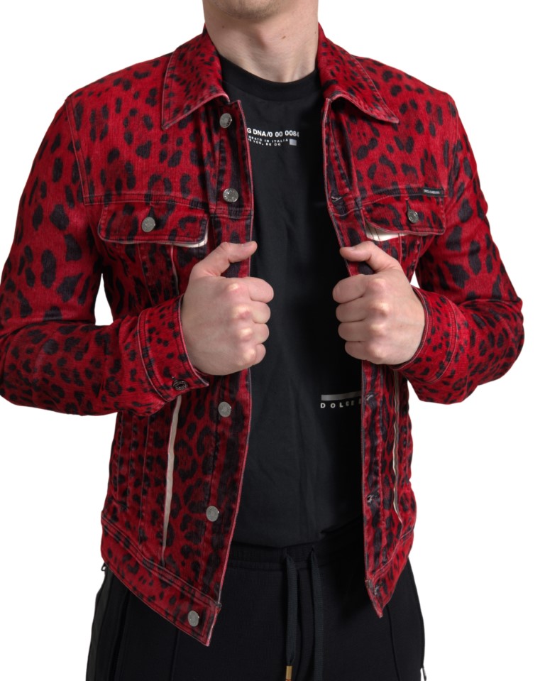 Red Leopard Cotton Collared Denim Jacket