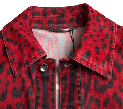 Red Leopard Cotton Collared Denim Jacket