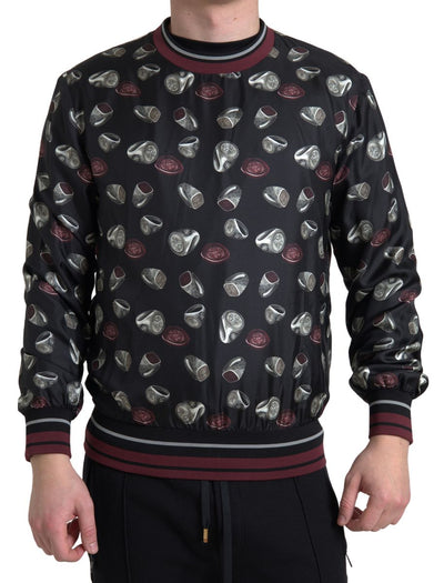 Black Ring Print Silk Crewneck Sweater