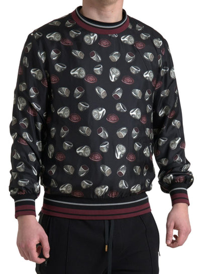 Black Ring Print Silk Crewneck Sweater