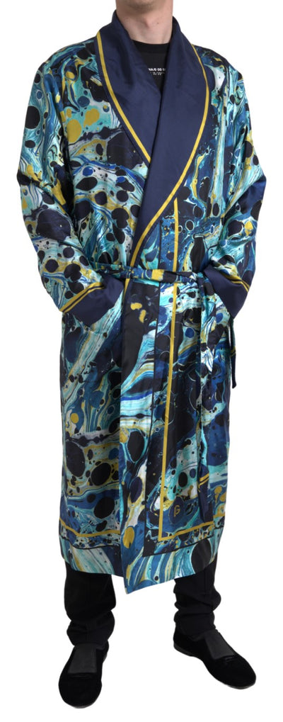 Marble Blue Silk Waist Belt Robe Sleepwear