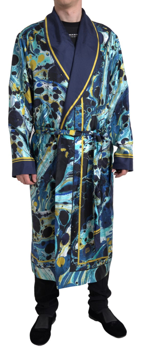 Marble Blue Silk Waist Belt Robe Sleepwear