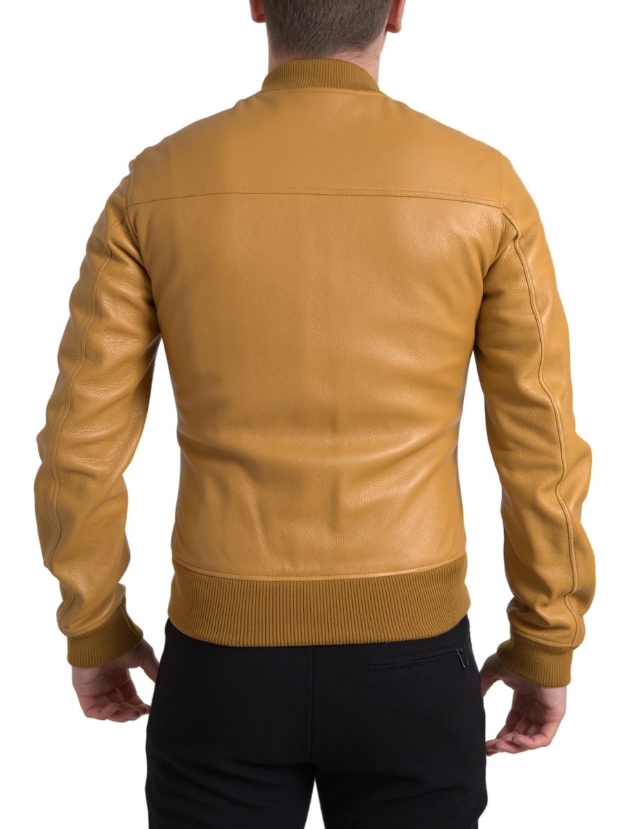 Yellow Leather Full Zip Bomber Men Jacket