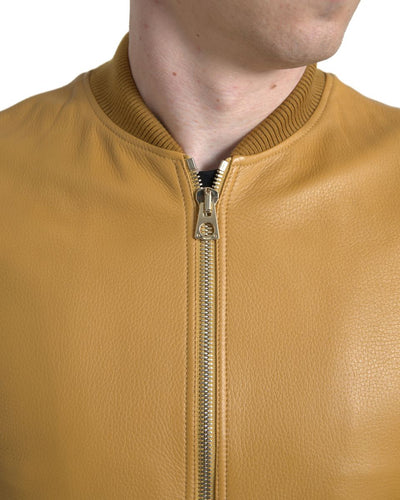 Yellow Leather Full Zip Bomber Men Jacket