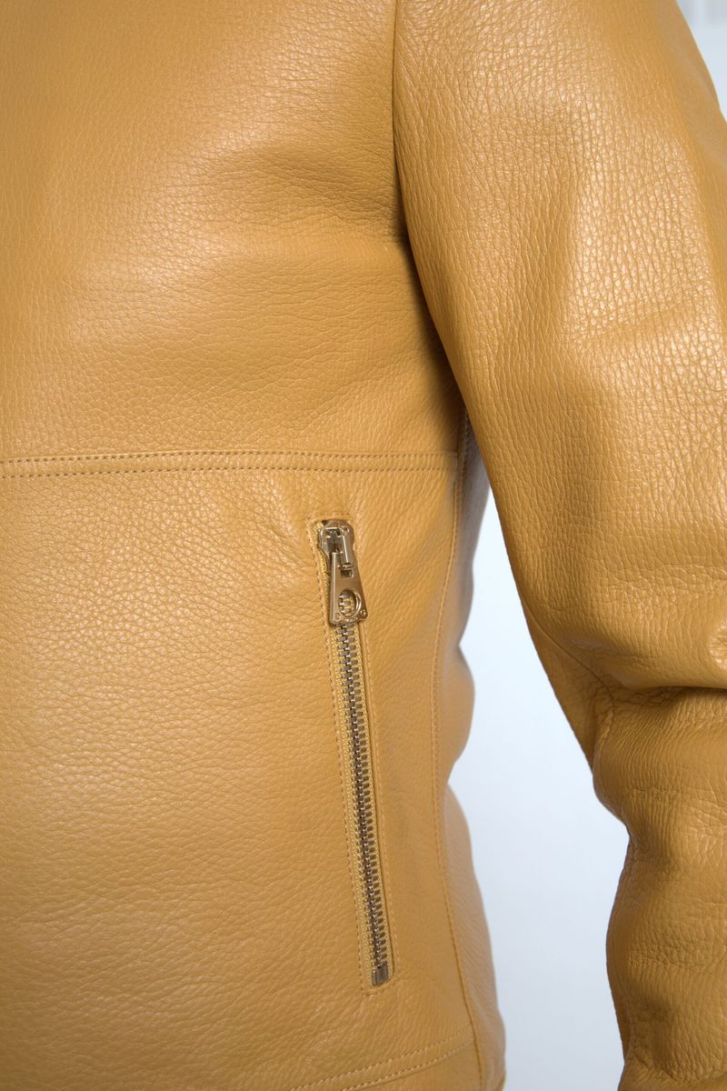 Yellow Leather Full Zip Bomber Men Jacket