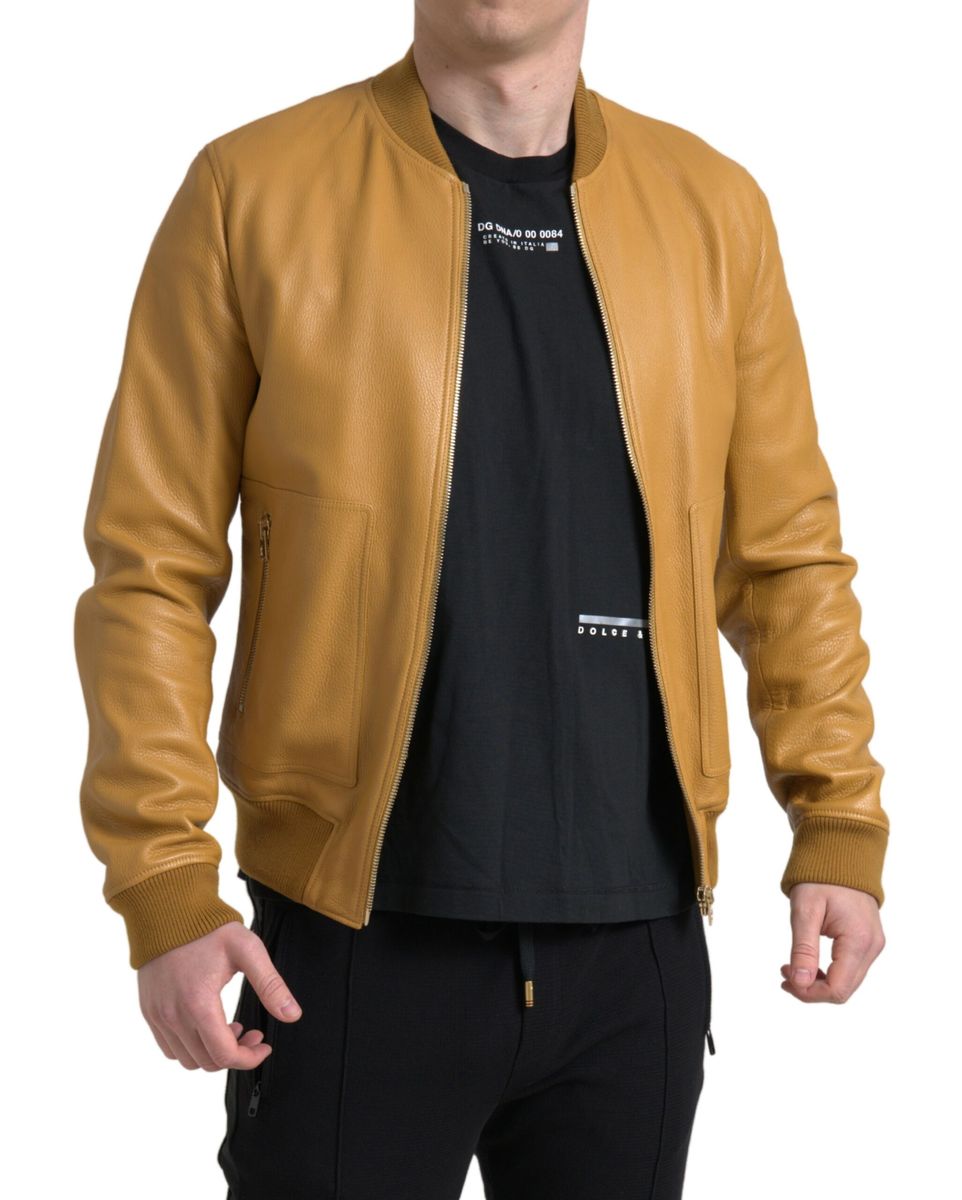 Yellow Leather Full Zip Bomber Men Jacket