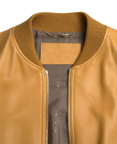 Yellow Leather Full Zip Bomber Men Jacket