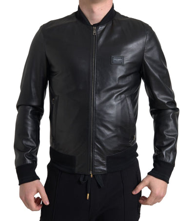 Black Leather Full Zip Bomber Men Jacket