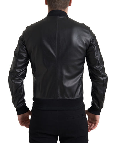 Black Leather Full Zip Bomber Men Jacket