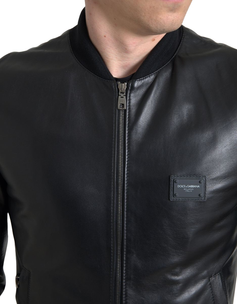 Black Leather Full Zip Bomber Men Jacket