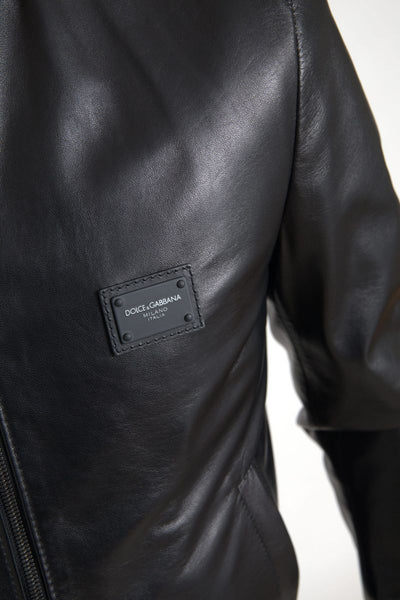 Black Leather Full Zip Bomber Men Jacket