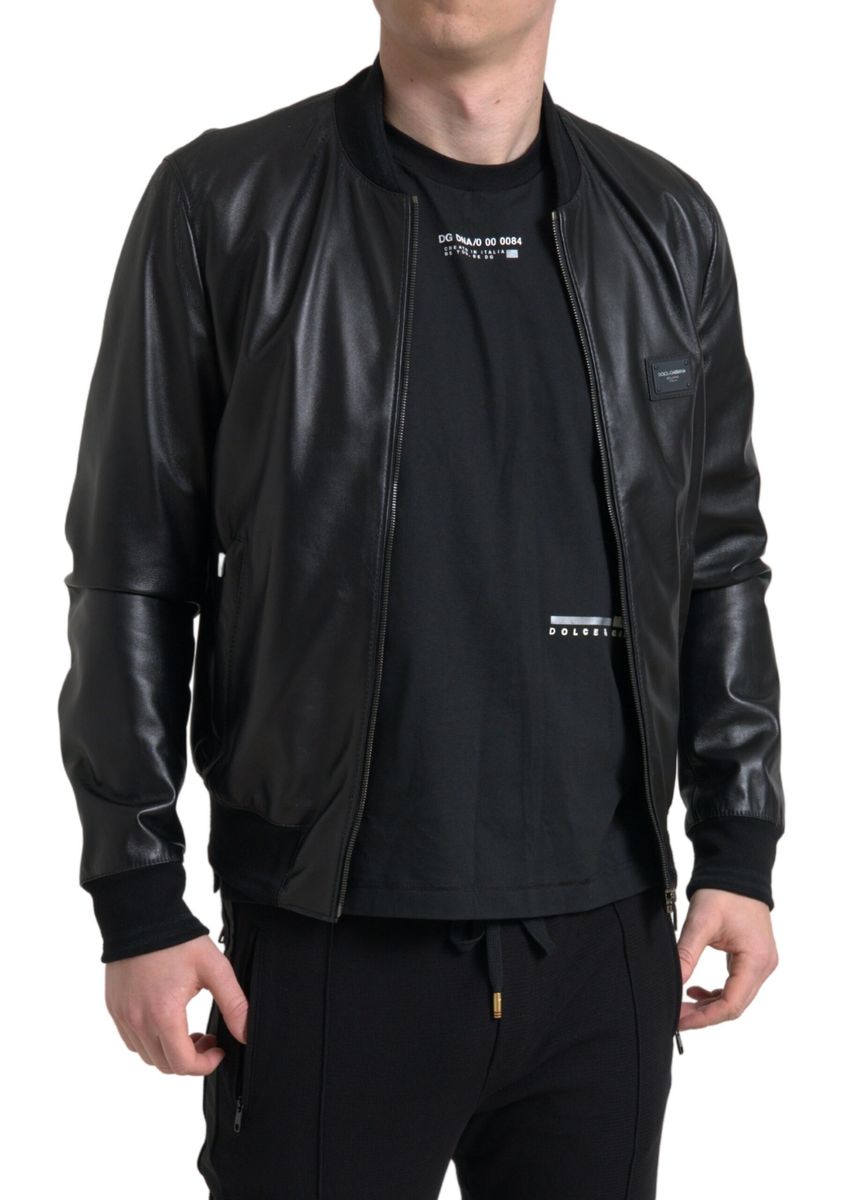 Black Leather Full Zip Bomber Men Jacket