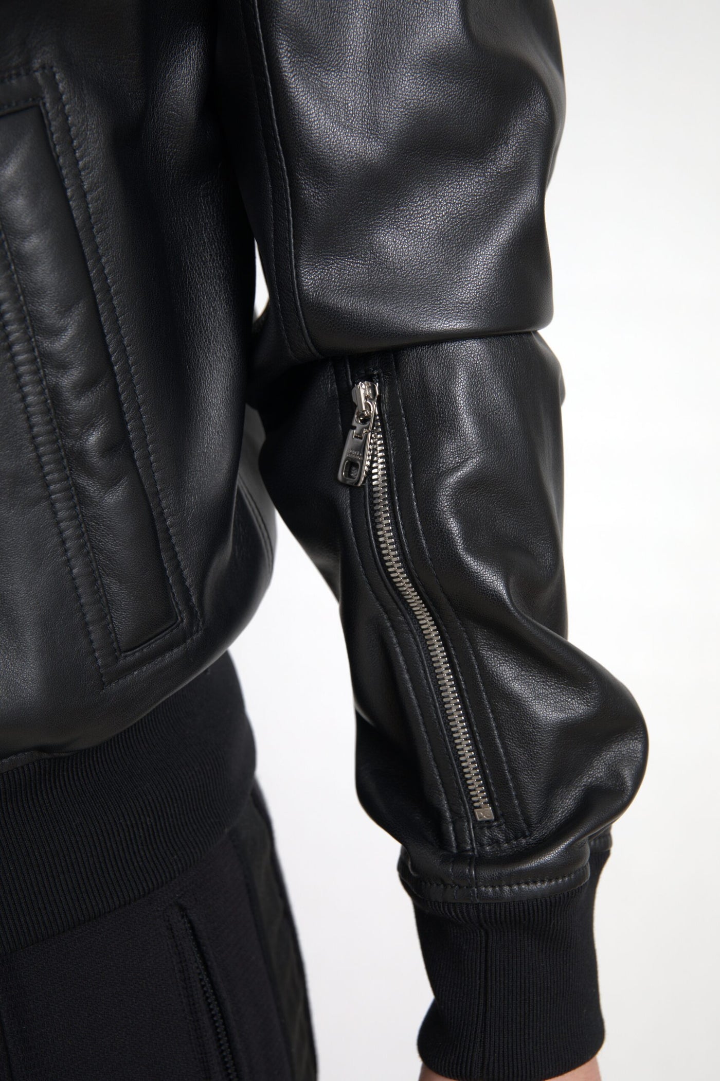 Black Leather Full Zip Bomber Men Jacket