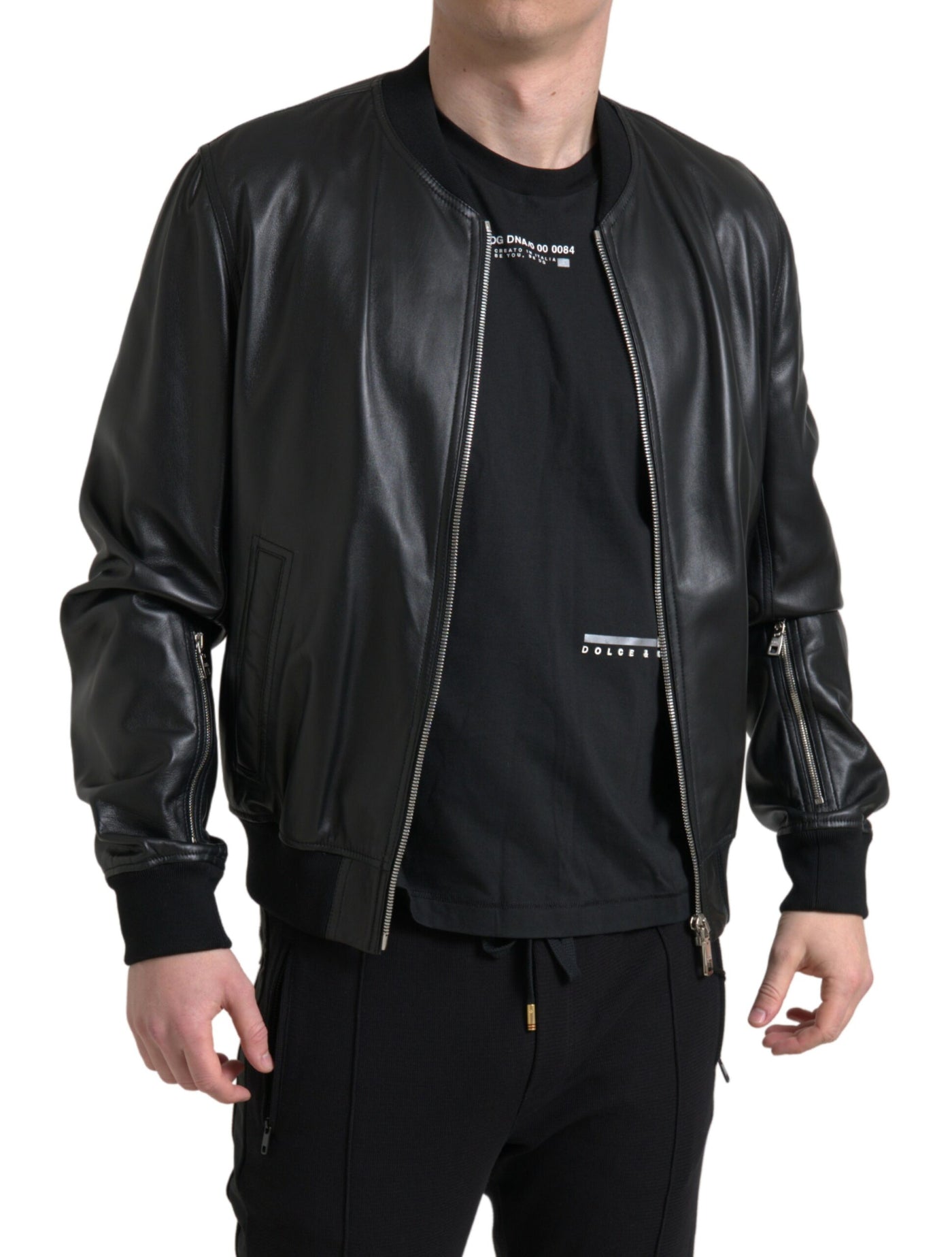 Black Leather Full Zip Bomber Men Jacket