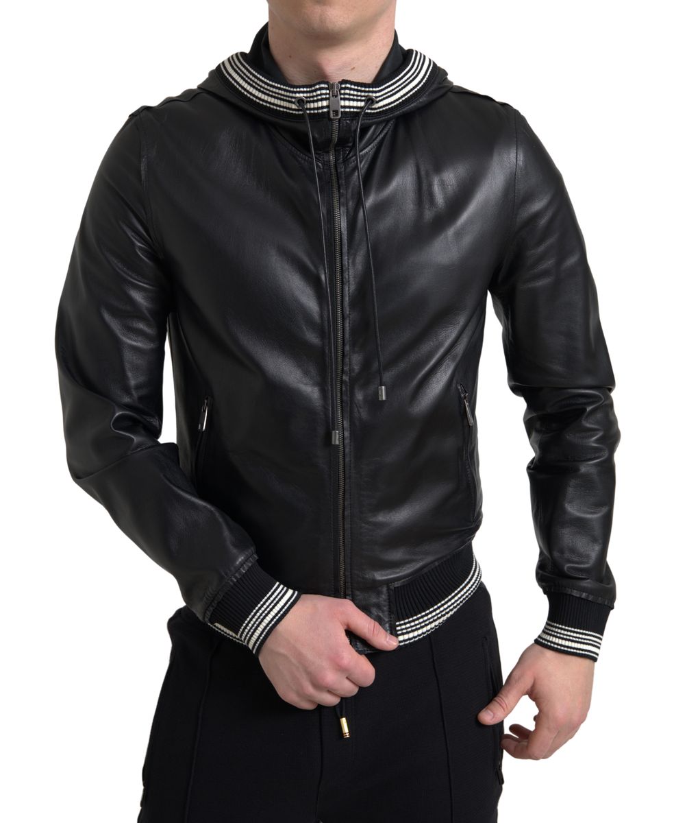 Black Leather Full Zip Hooded Men Jacket