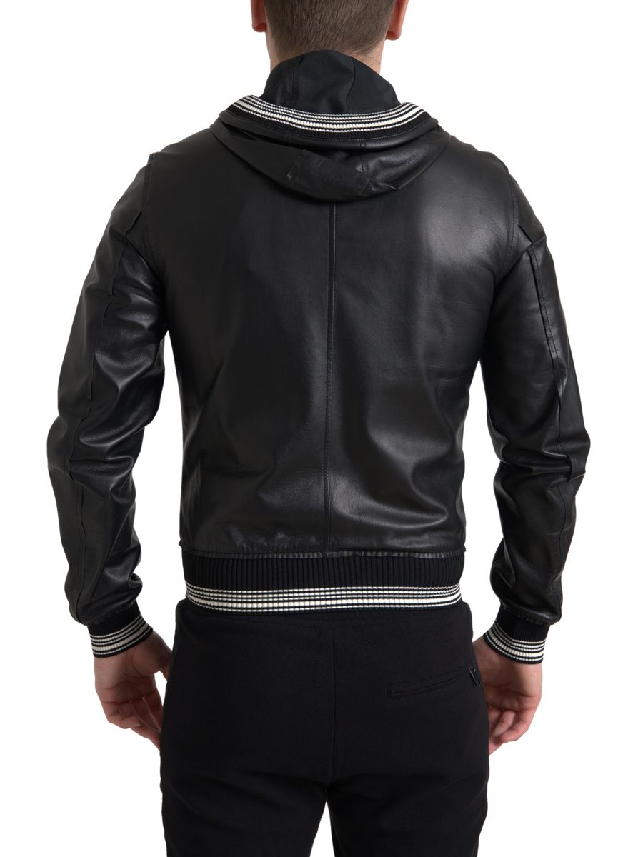 Black Leather Full Zip Hooded Men Jacket