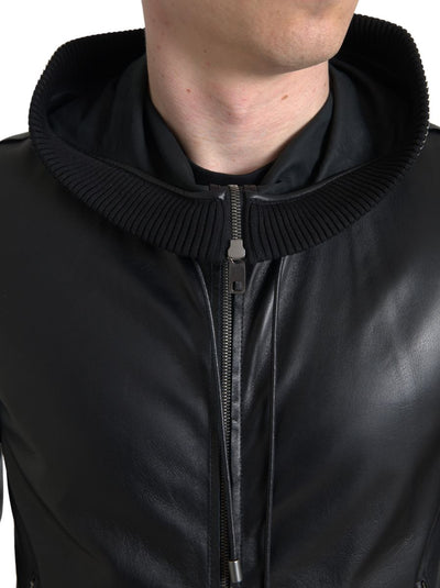 Black Leather Full Zip Hooded Men Jacket