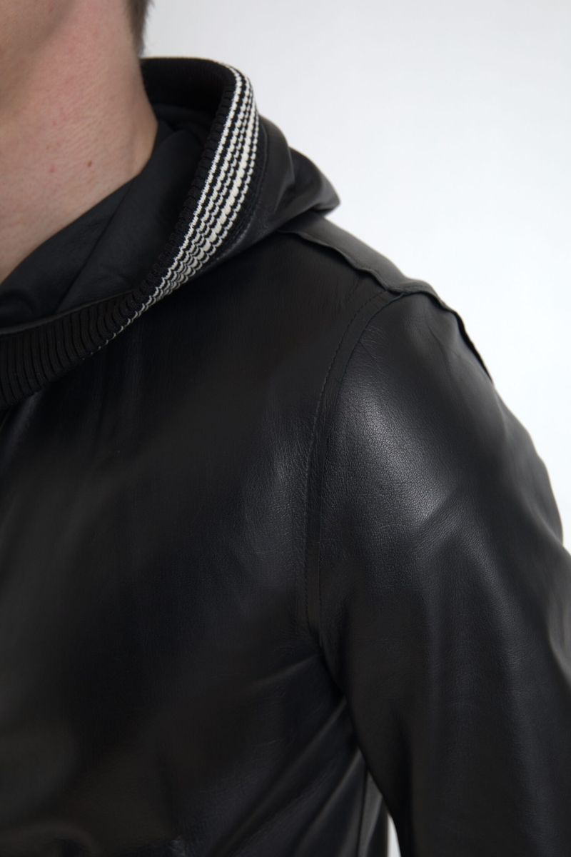 Black Leather Full Zip Hooded Men Jacket