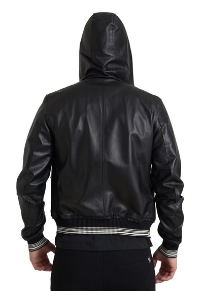 Black Leather Full Zip Hooded Men Jacket