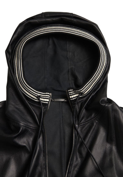 Black Leather Full Zip Hooded Men Jacket