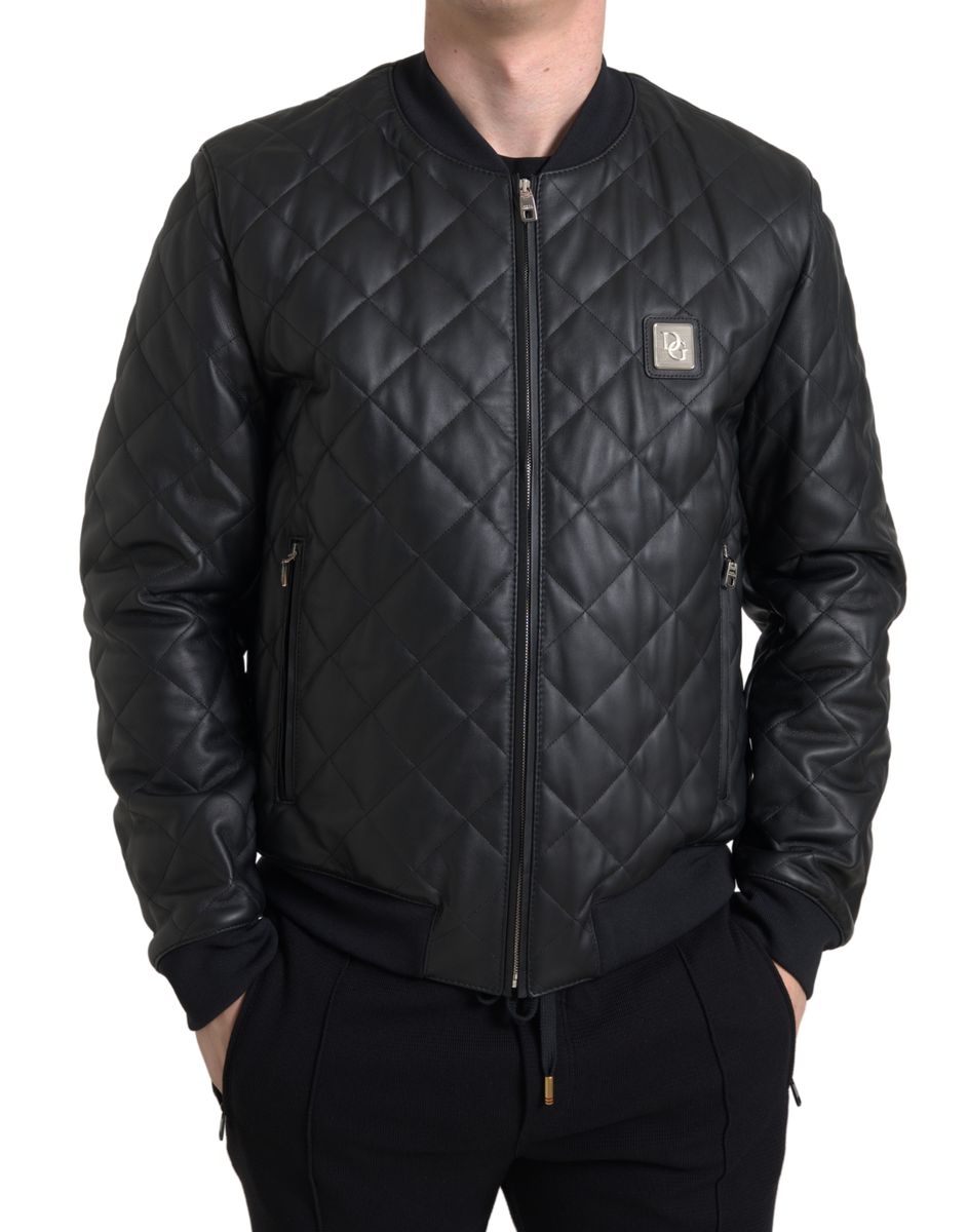 Black Leather Full Zip Quilted Jacket