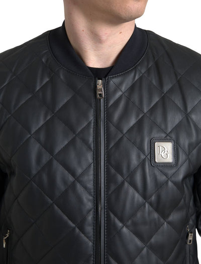 Black Leather Full Zip Quilted Jacket