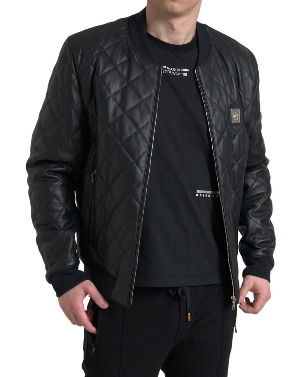 Black Leather Full Zip Quilted Jacket