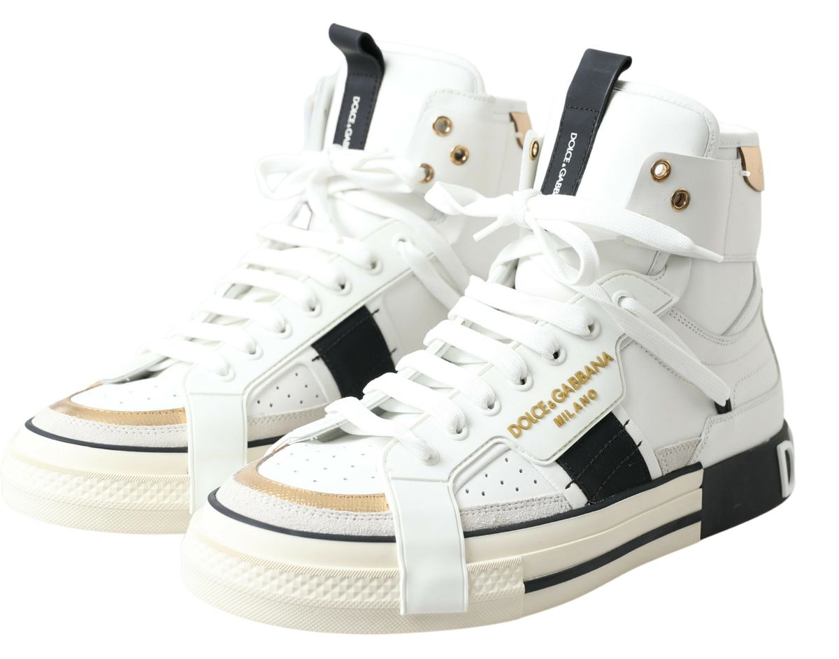 White and gold Leather High Top Mens Shoes