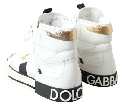 White and gold Leather High Top Mens Shoes