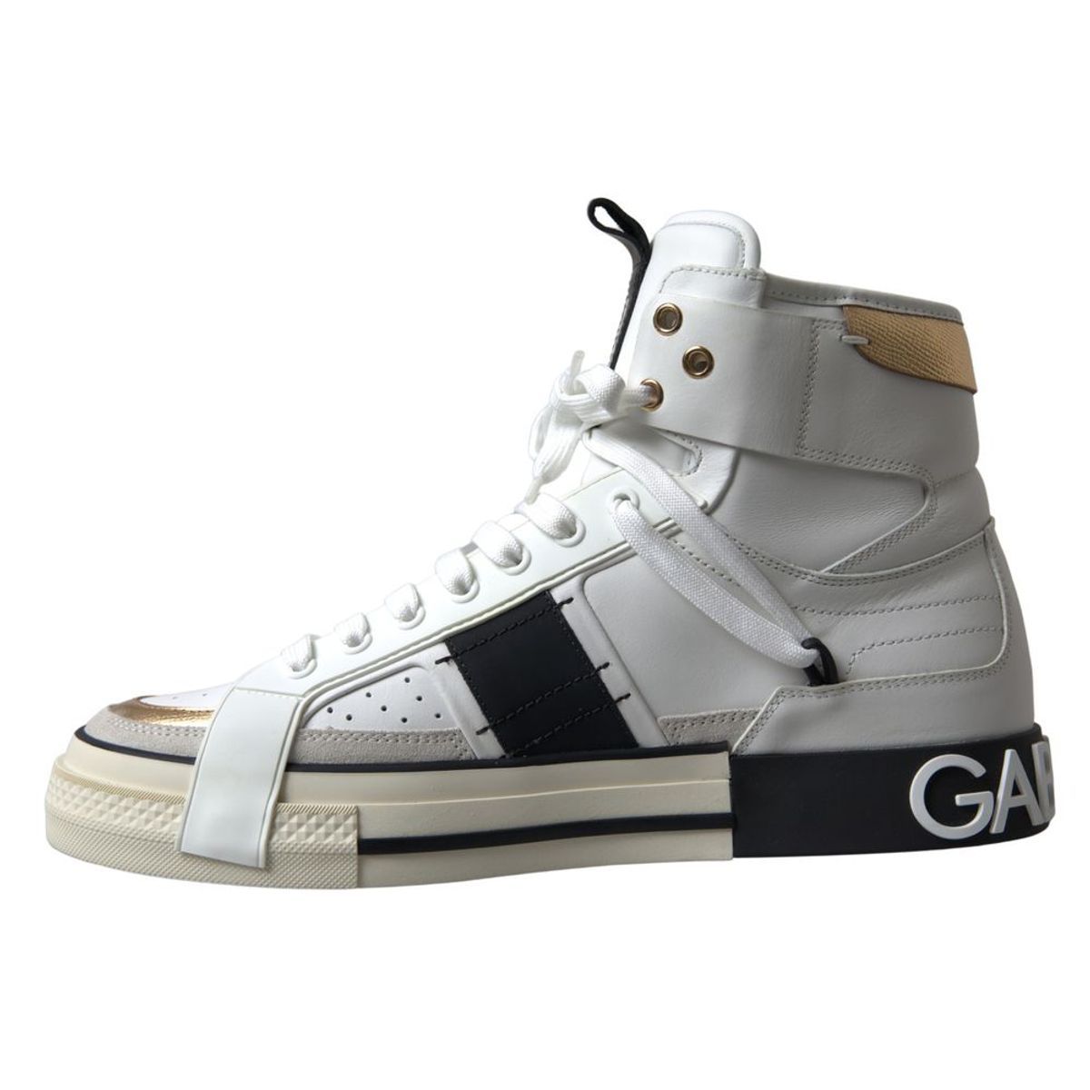 White and gold Leather High Top Mens Shoes