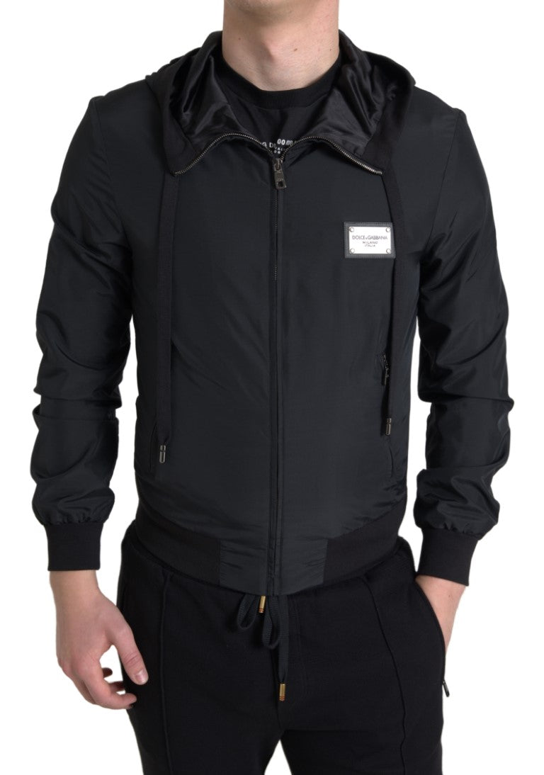 Black Hooded Nylon Bomber Full Zip Sweater