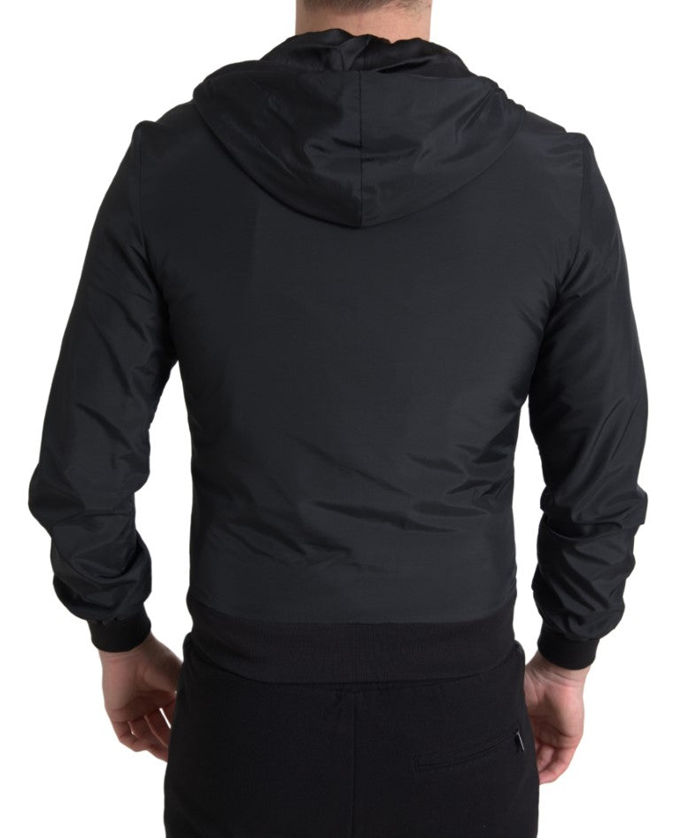 Black Hooded Nylon Bomber Full Zip Sweater