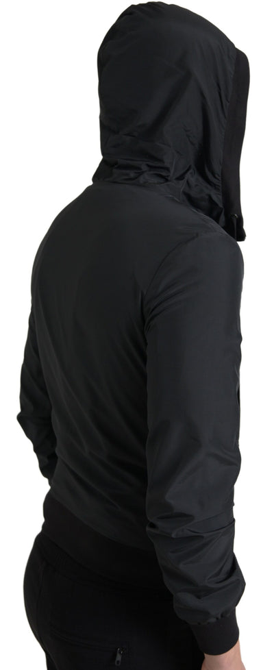 Black Hooded Nylon Bomber Full Zip Sweater