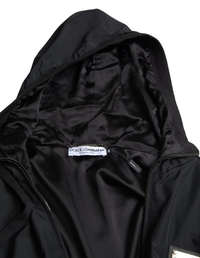 Black Hooded Nylon Bomber Full Zip Sweater