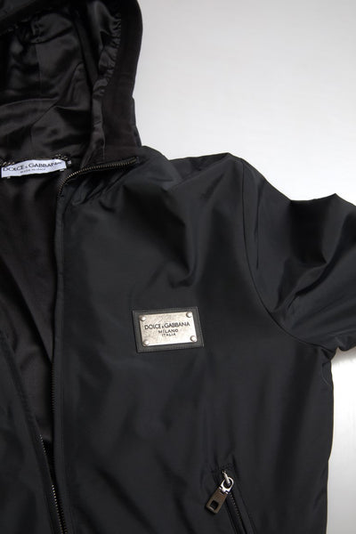 Black Hooded Nylon Bomber Full Zip Sweater