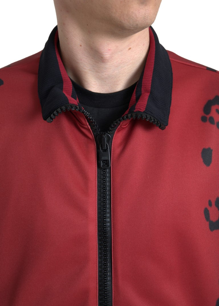 Red Leopard Polyester Bomber Full Zip  Jacket