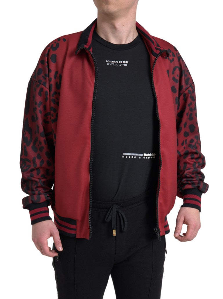 Red Leopard Polyester Bomber Full Zip  Jacket