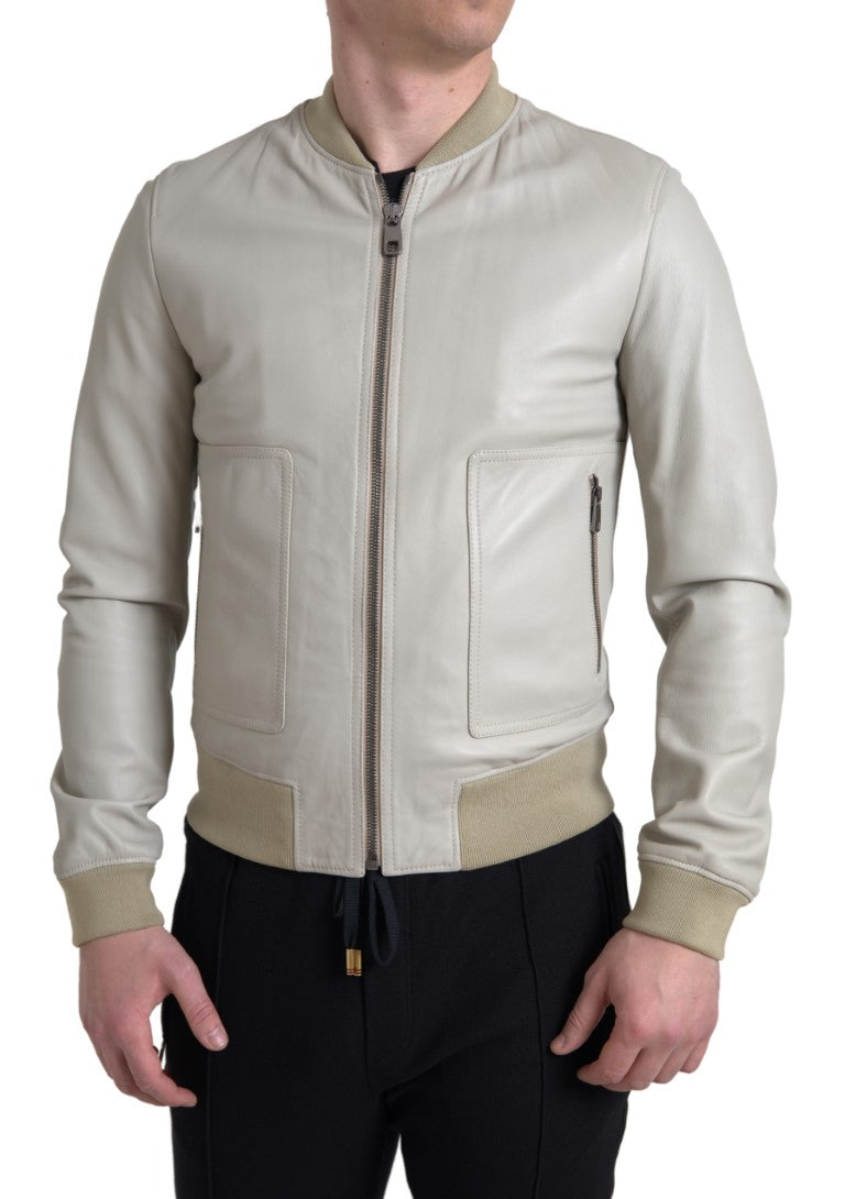 Cream Leather Bomber Blouson Full Zip Jacket