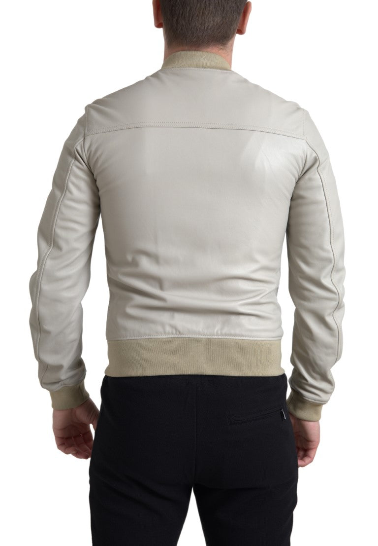 Cream Leather Bomber Blouson Full Zip Jacket