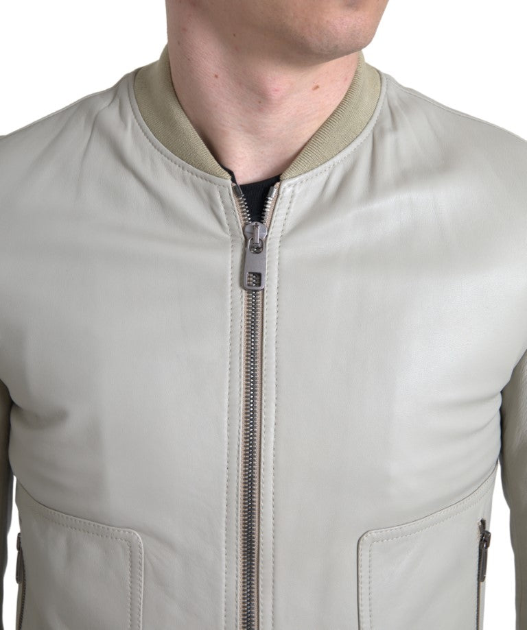 Cream Leather Bomber Blouson Full Zip Jacket