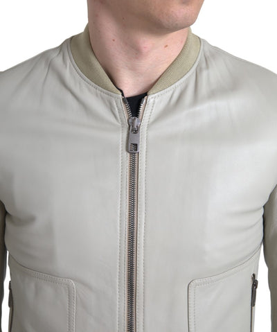 Cream Leather Bomber Blouson Full Zip Jacket