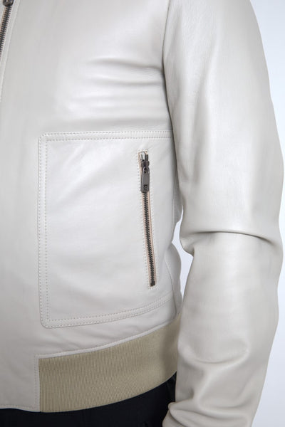 Cream Leather Bomber Blouson Full Zip Jacket