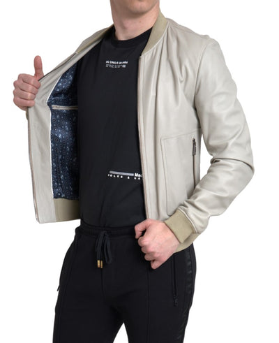 Cream Leather Bomber Blouson Full Zip Jacket