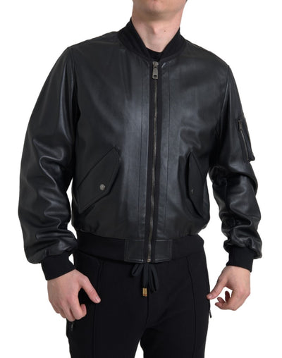 Black Leather Blouson Full Zip Bomber Jacket