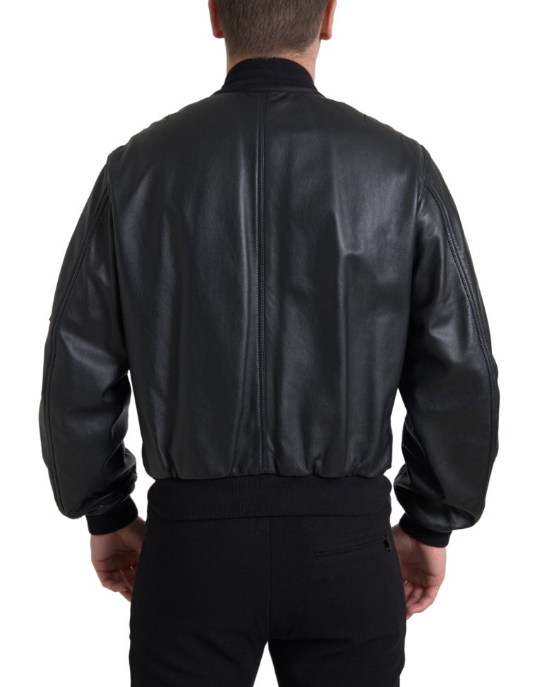 Black Leather Blouson Full Zip Bomber Jacket