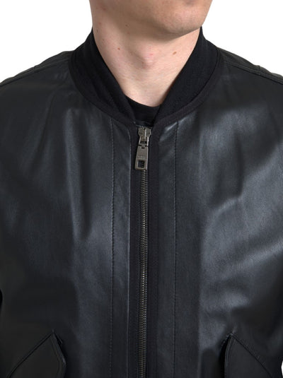 Black Leather Blouson Full Zip Bomber Jacket