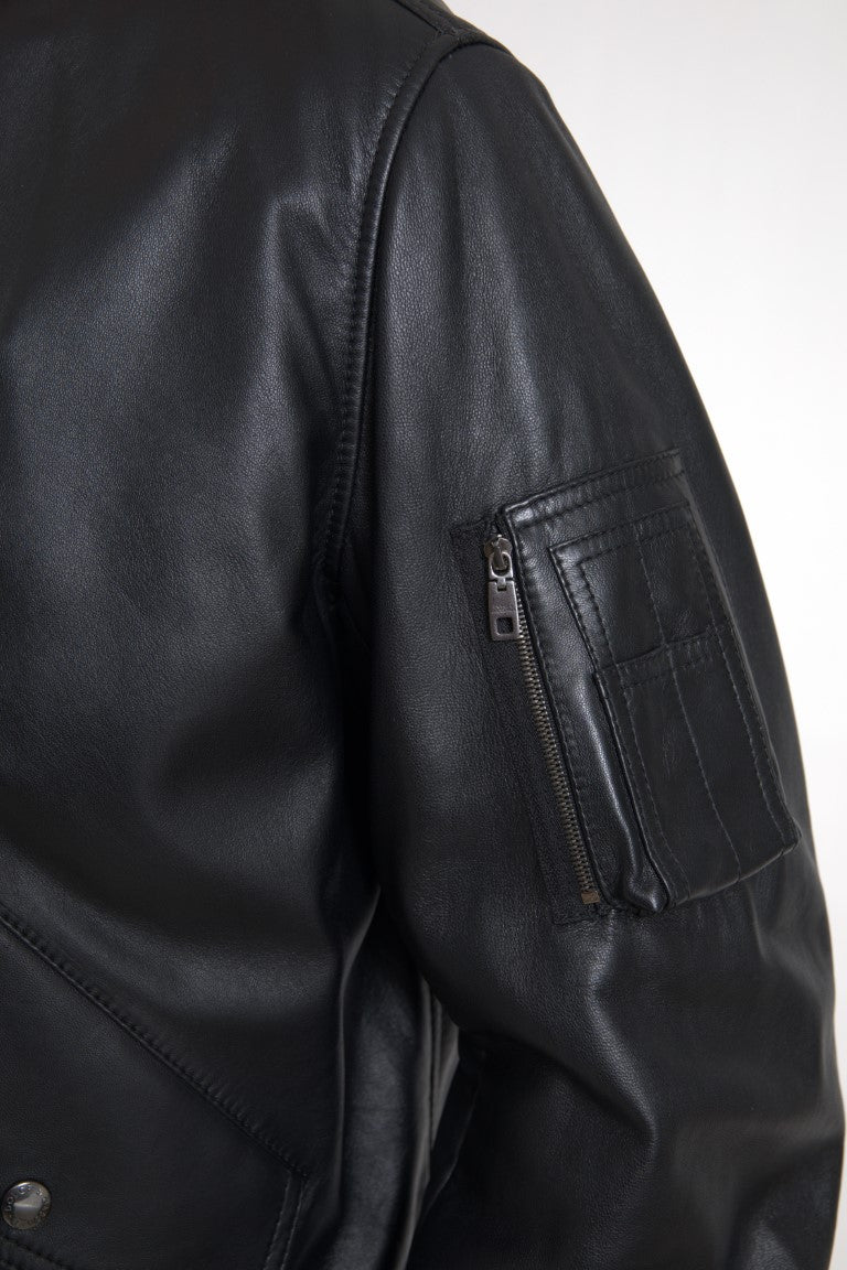 Black Leather Blouson Full Zip Bomber Jacket