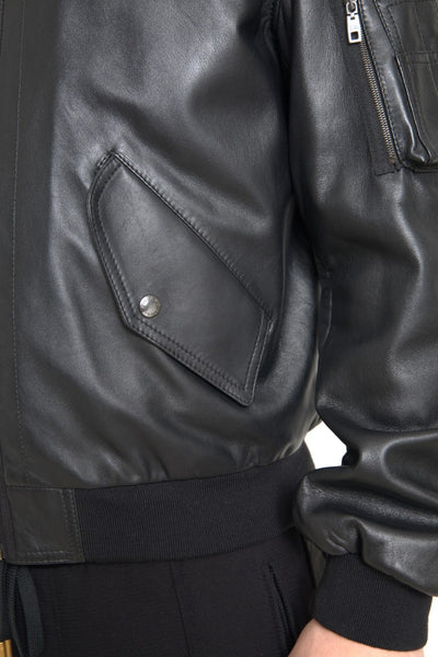 Black Leather Blouson Full Zip Bomber Jacket