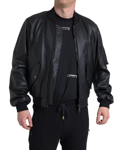 Black Leather Blouson Full Zip Bomber Jacket