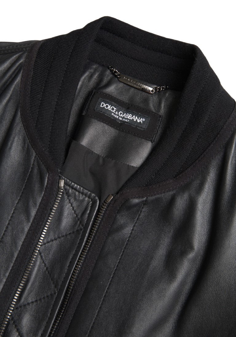 Black Leather Blouson Full Zip Bomber Jacket